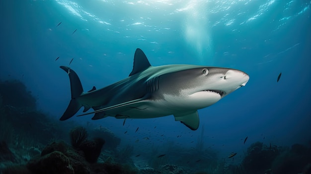 A shark swimming in the ocean with the sun shining on it.