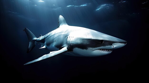 Photo a shark swimming in the ocean with the sun shining on the water.