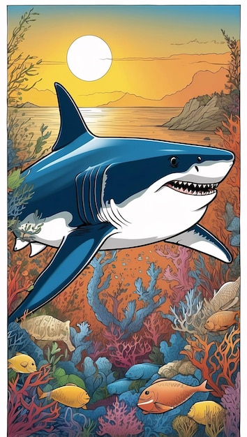Shark Swimming in The Sea with Fish Hand drawn kawaii book illustration