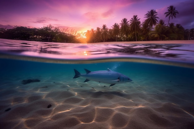 A shark swimming under the water at sunset