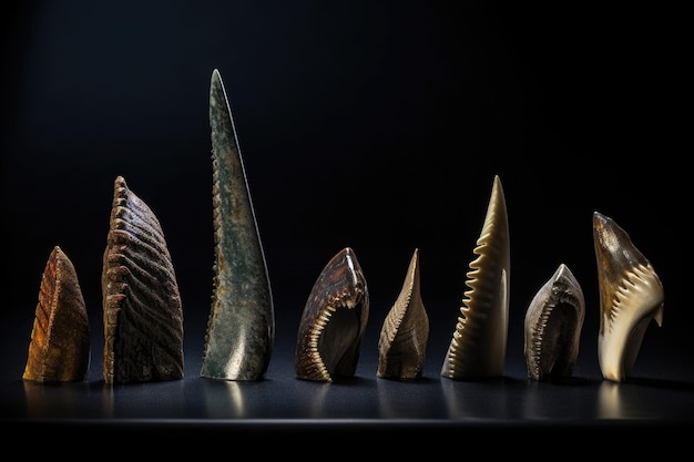 Shark tooth fossil collection on dark surface created with generative ai