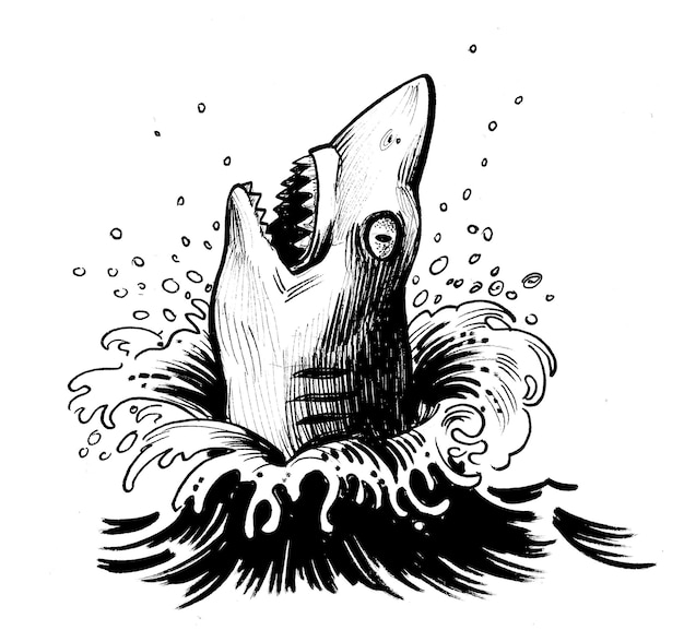 A shark in the water with a black and white drawing of a shark.