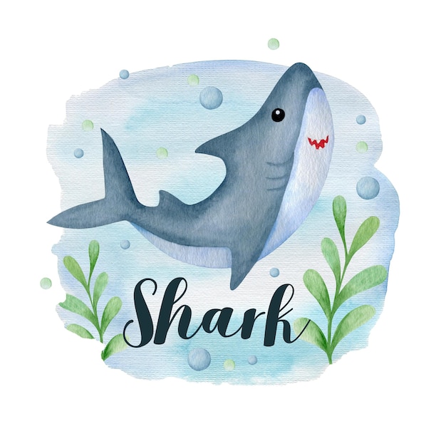 Shark watercolor illustration birthday invitation card