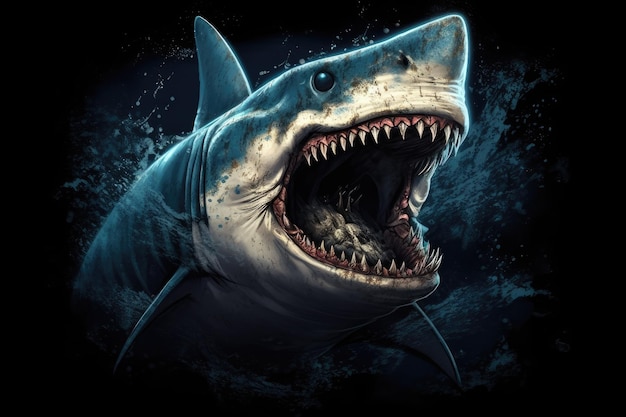 A shark with a black background that says'shark'on it