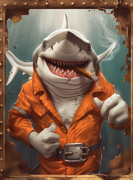 Photo a shark with a cigarette in his mouth and a shark in the background