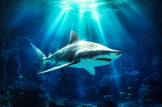 A shark with glowing light under an ocean