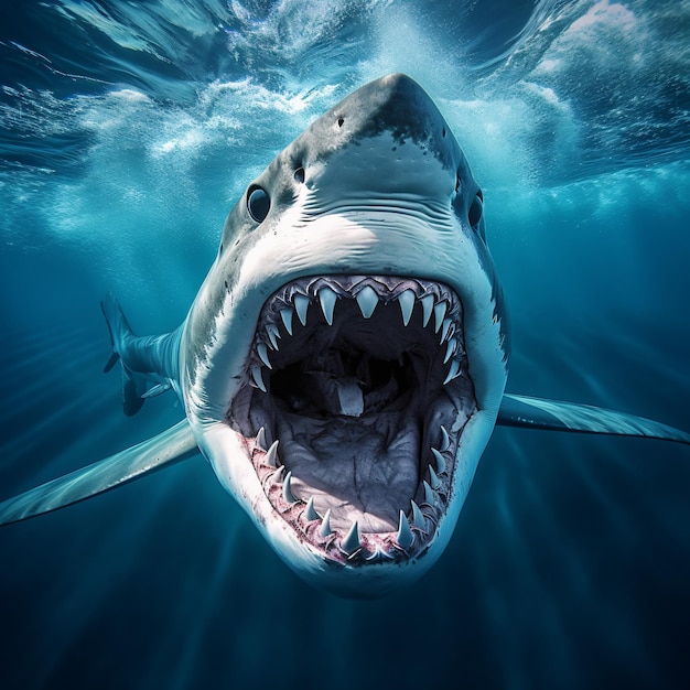 A shark with its mouth open is shown in the water.