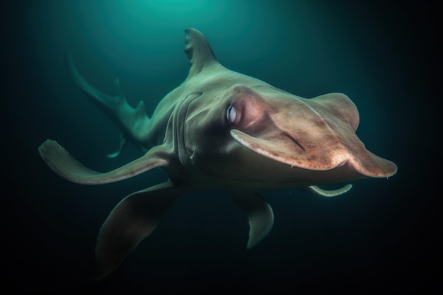 A shark with a large eye is seen in the dark