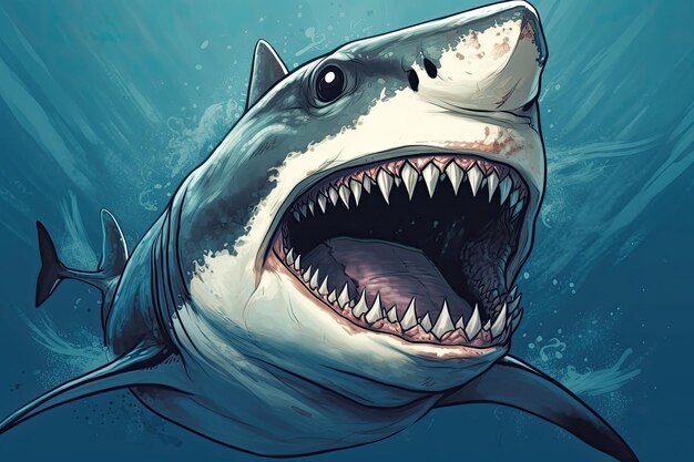 A shark with a large mouth and a large mouth is shown in a cartoon style.