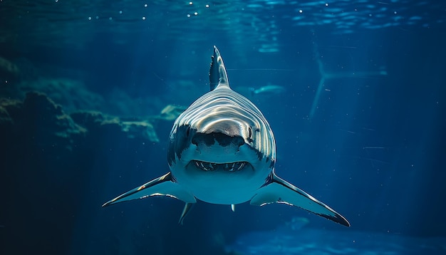 a shark with the mouth open is looking at the camera