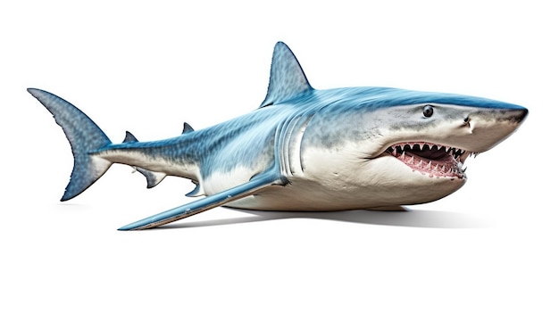 Акула с открытыми челюстями вблизи Изолирована на белом