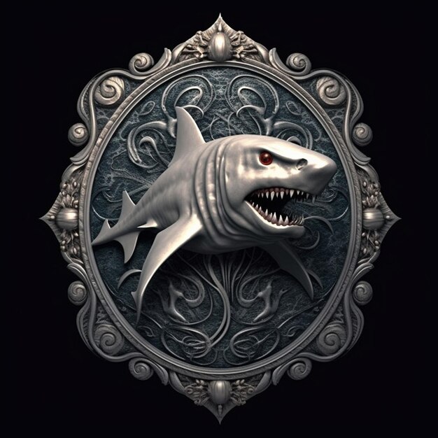 A shark with a red eye is in a silver frame.