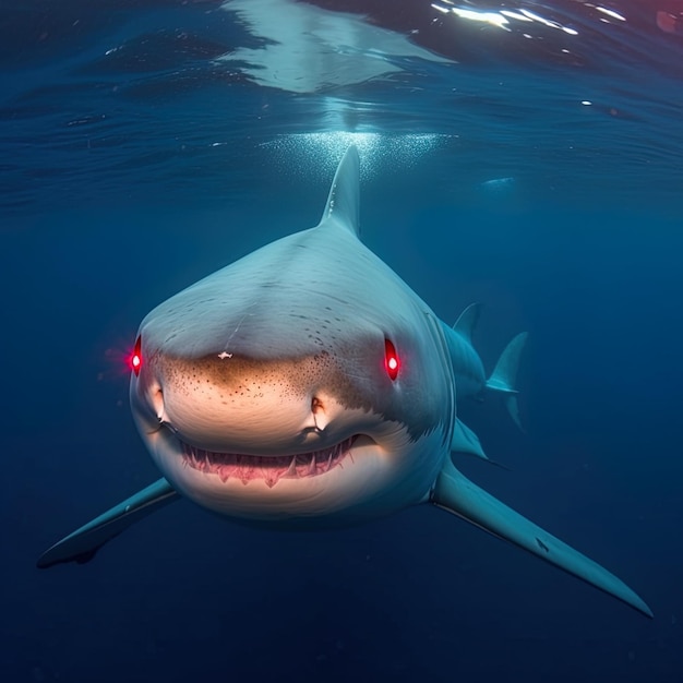 a shark with red eyes and a white shark in the water