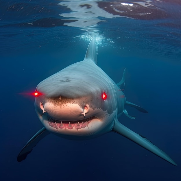 水中のサメの頭とその口に太陽が輝いているサメ
