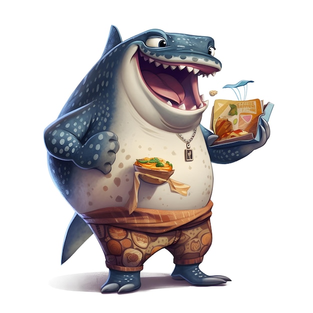 A shark with a shirt eating fast food