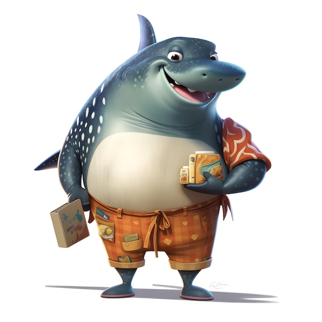 A shark with a shirt eating fast food