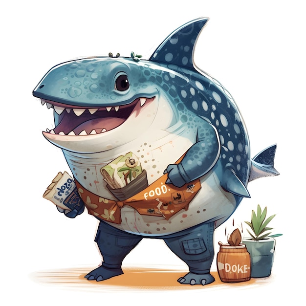 A shark with a shirt eating fast food