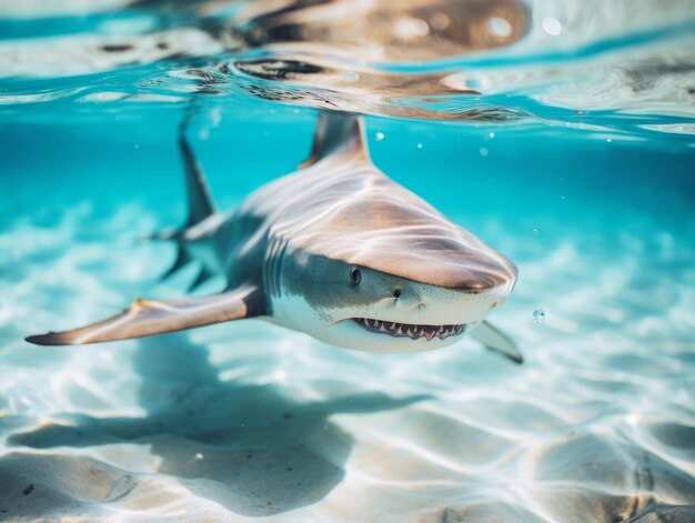 Sharks swimming in crystal clear waters