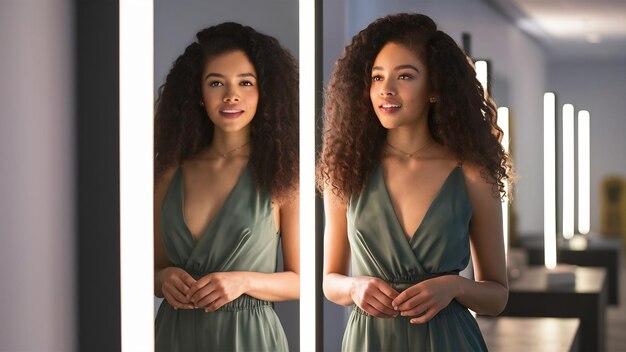 Photo sharming elegant young african american woman with long curly hair wearing jumpsuit looking at mirr