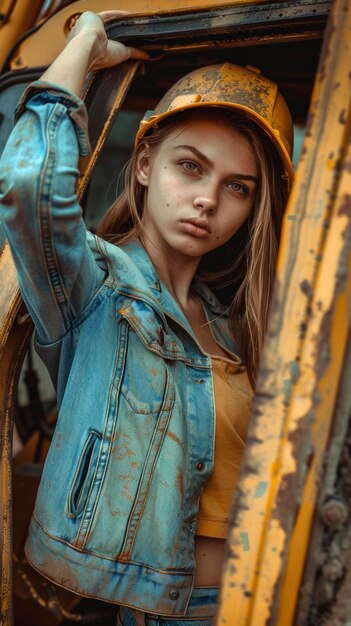 Sharming girl on construction site professional portrait photo