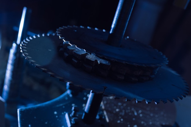 Sharp circular saw blades close up dangerous machine to cut up\
from horror films