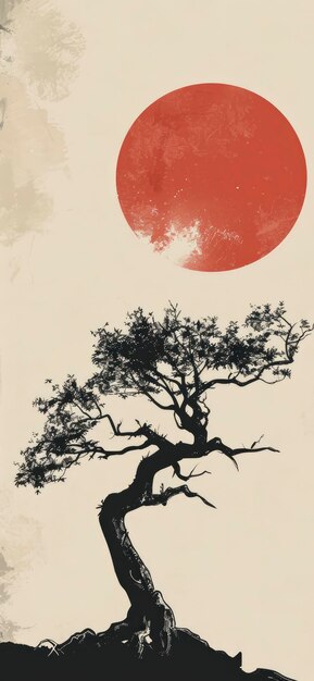 In sharp contrast to the light beige background a big red sun is setting behind an aged black tree