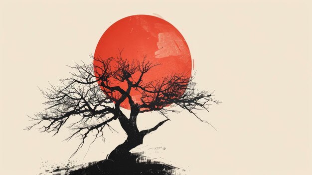 In sharp contrast to the light beige background a big red sun is setting behind an aged black tree