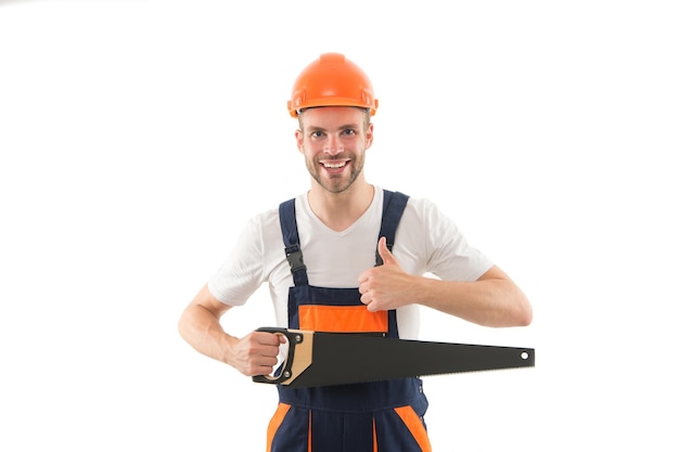 Sharp and effective Repair service Repair and renovation concept Handyman home repair Repairing and renovating Home improvement Man in helmet laborer on white background Repair workshop