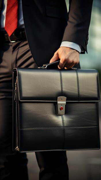Sharp focus on executive clutching sleek briefcase epitomizing professional sophistication Vertical