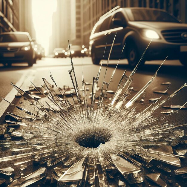 Photo sharp glass hole cracks splinters broken glass by the street sepia tone