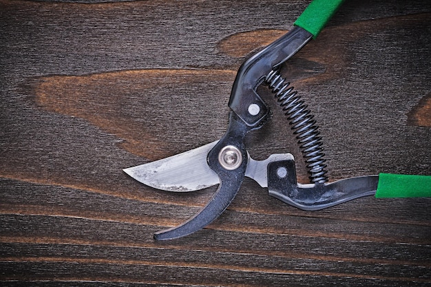 Sharp pruning shears on vintage wooden board close up image gardening concept.