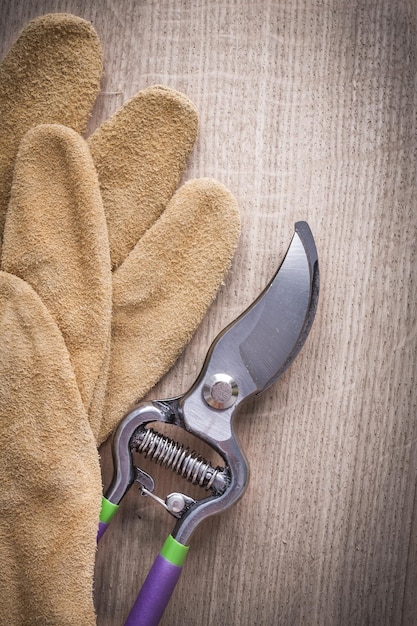 Sharp pruning shears and working leather safety gloves on wooden board agriculture concept