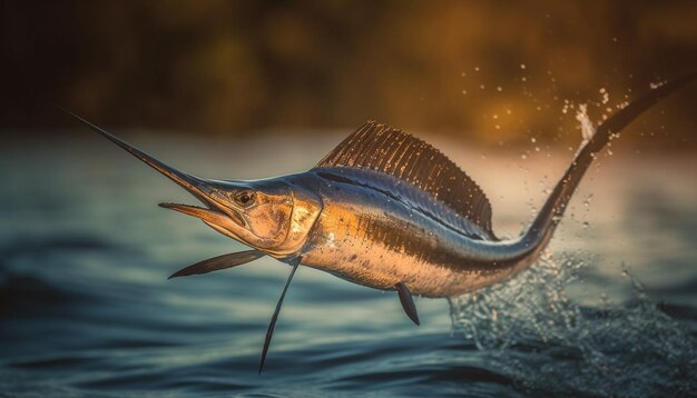 AIが生成した夕暮れ時に釣れた大型魚の鋭い歯