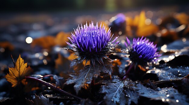 Sharp thistle purple petals contrast with yellow leaf beauty