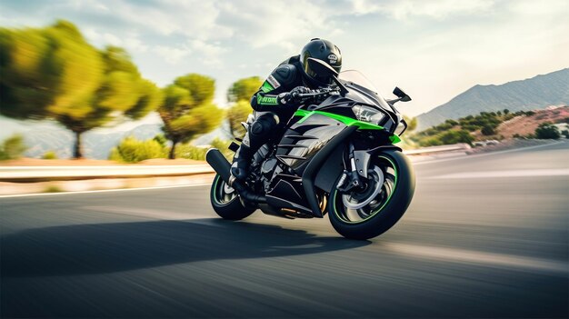 Sharp Turn on an Open Road Woman on a Sleek Light Green and Black Road Bike