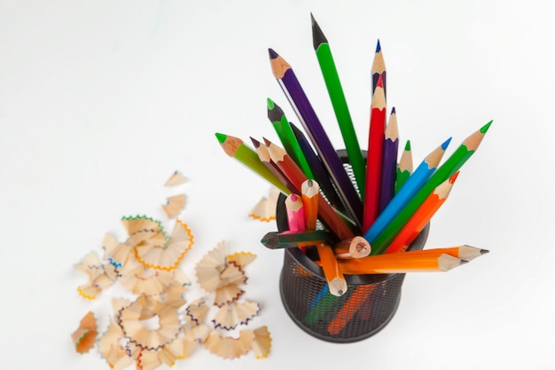 sharped pencils with Pencil Shaving isolated on white