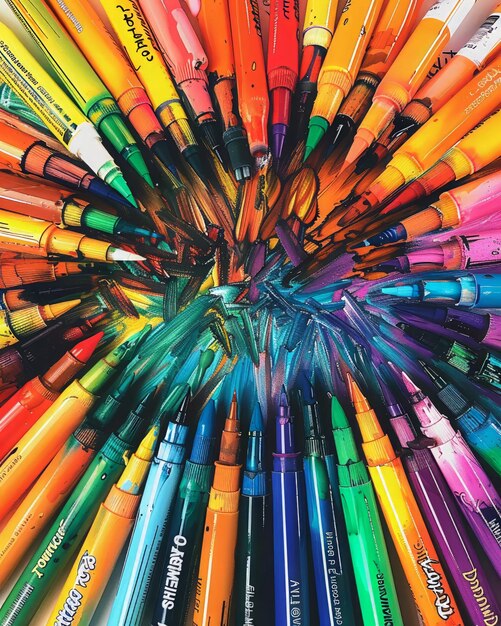 Sharpie markers art project colorful array creative space bright light dynamic colors