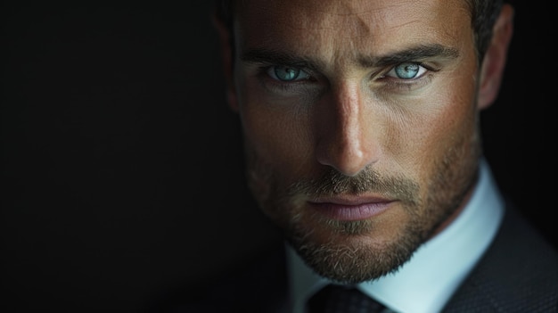 A sharply dressed man39s piercing blue eyes exude confidence and mystery in dim light