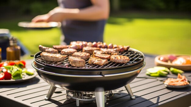 Shashlick laying on the grill with a group of friends in the background eating and drinking in the