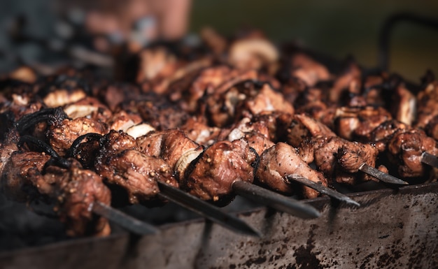 Shashlik cooking concept. Close-up of grilling tasty dish on barbecue. Grilling shashlik on barbecue grill