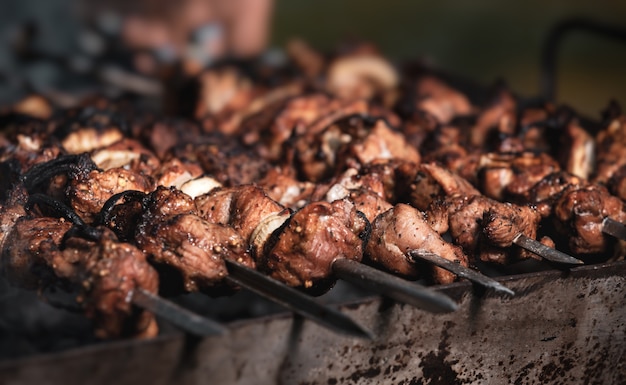 Shashlik 요리 개념입니다. 바베큐에 맛있는 요리를 굽고 있는 클로즈업. 바베큐 그릴에 샤슬릭 굽기