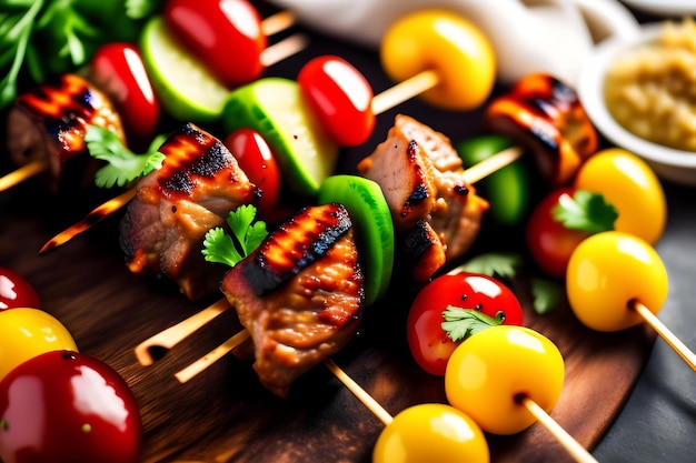 Shashlik pork on skewers on the chargrill closeup