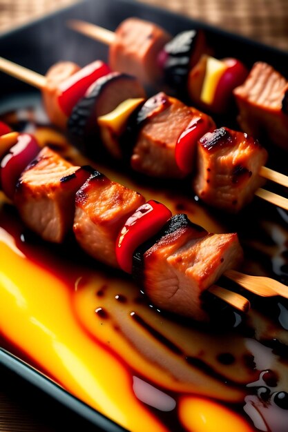 Shashlik pork on skewers on the chargrill closeup