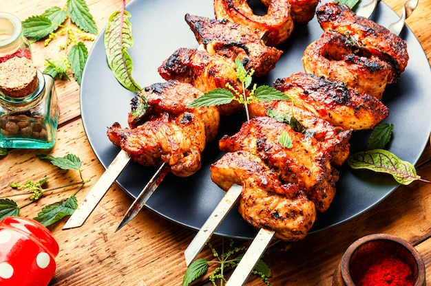 Shashlik on skewers with nettle marinade.Meat on skewers,barbecue