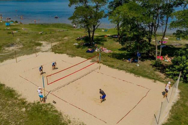 Shatsk ukrainejuly 25 2020 undefined players in action during\
the hellenic championship beach volley masters 2020 aerial\
shot