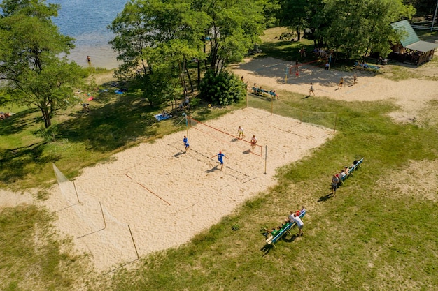 Shatsk UkraineJuly 25 2020 Undefined players in action during the Hellenic championship Beach Volley Masters 2020 Aerial shot