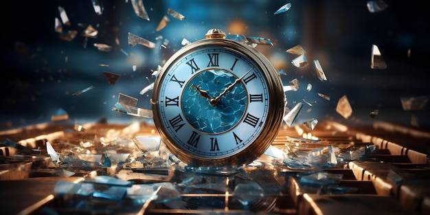 Photo shattered clock symbolizes business failures caused by poor time management concept business failures poor time management shattered clock symbolism