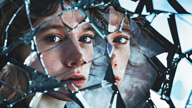 Shattered Dreams A Woman Peering Through a Broken Glass Window