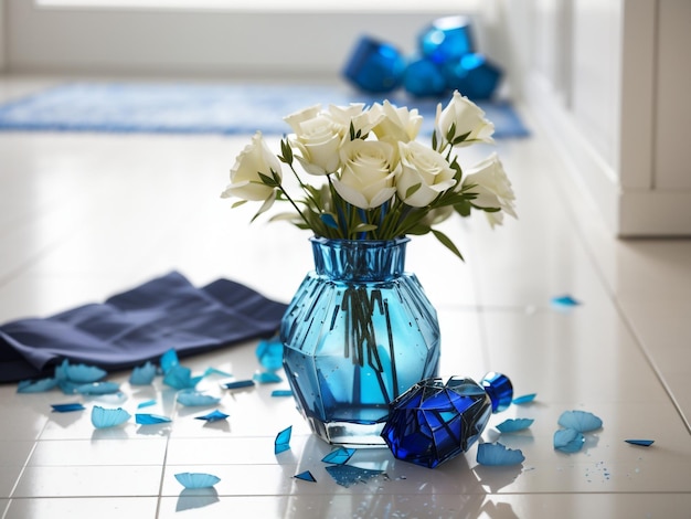 Foto eleganza frantumata vaso di vetro blu rotto e bouquet sul pavimento