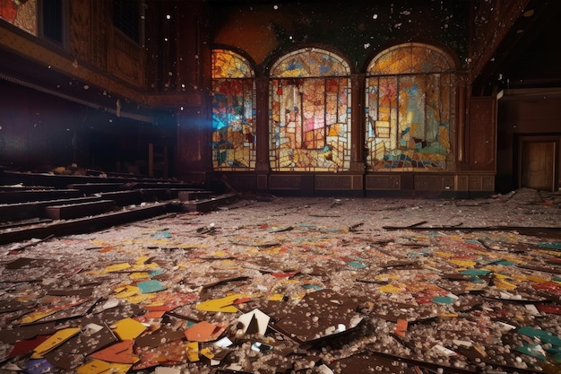 Shattered glass and debris on the floor of a vacant theater created with generative ai